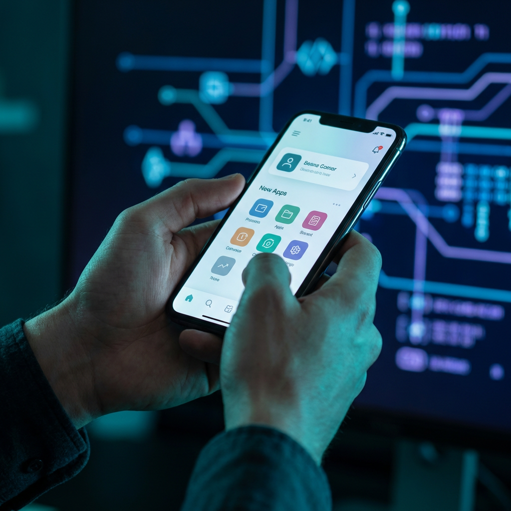 Hands holding iPhone with polished app interface, circuit board technology in background