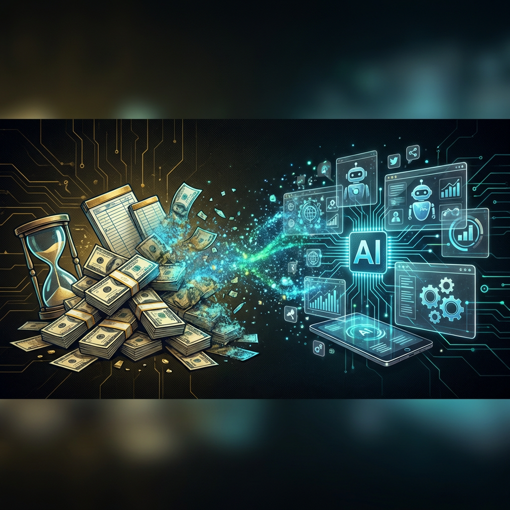 Money stacks dissolving into glowing AI tool interfaces representing agency cost savings