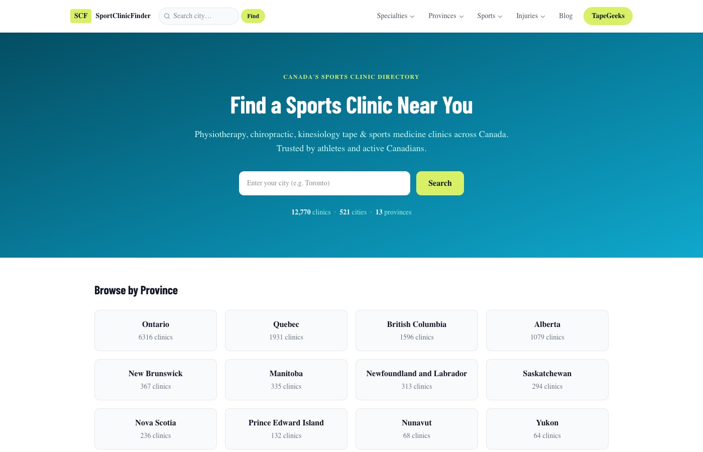 SportClinicFinder.com homepage — Canada's sports clinic directory built with AI-assisted development using Next.js and Claude Code