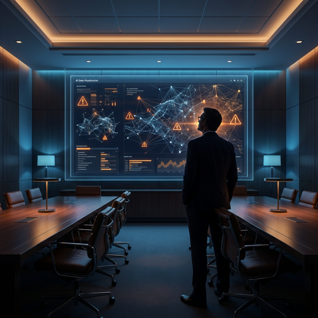 Business executive in boardroom reviewing AI strategy dashboard with warning indicators